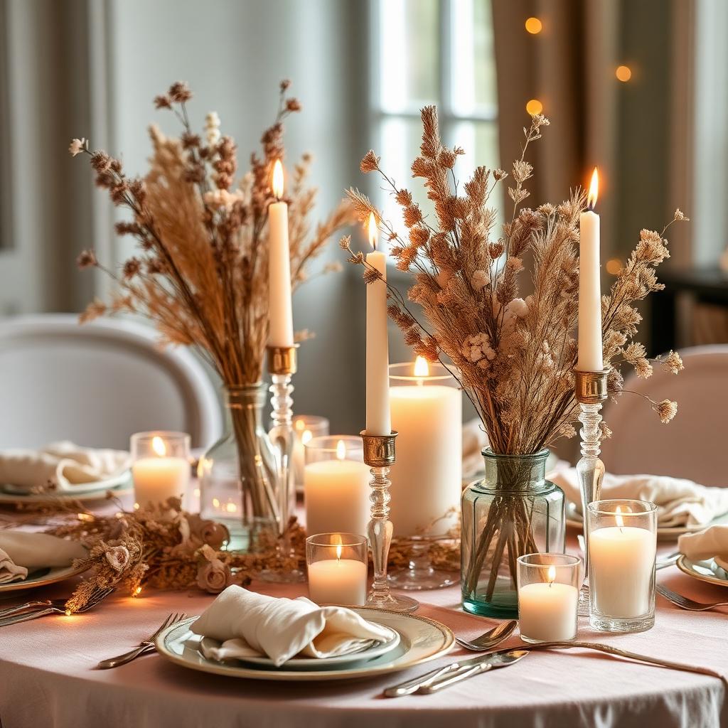 Kerzenlicht-Tischdekoration mit Trockenblumen