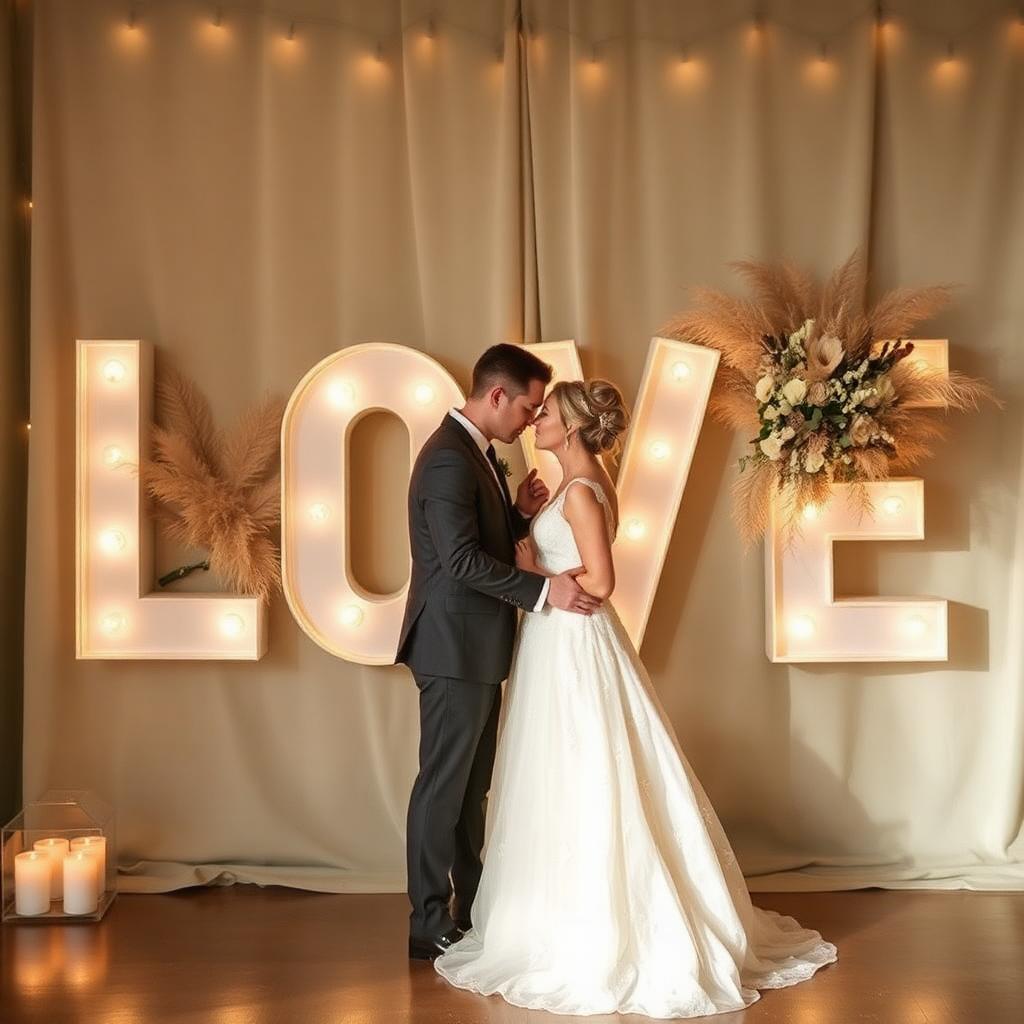 Beleuchtete LOVE-Buchstaben als Hochzeitskulisse