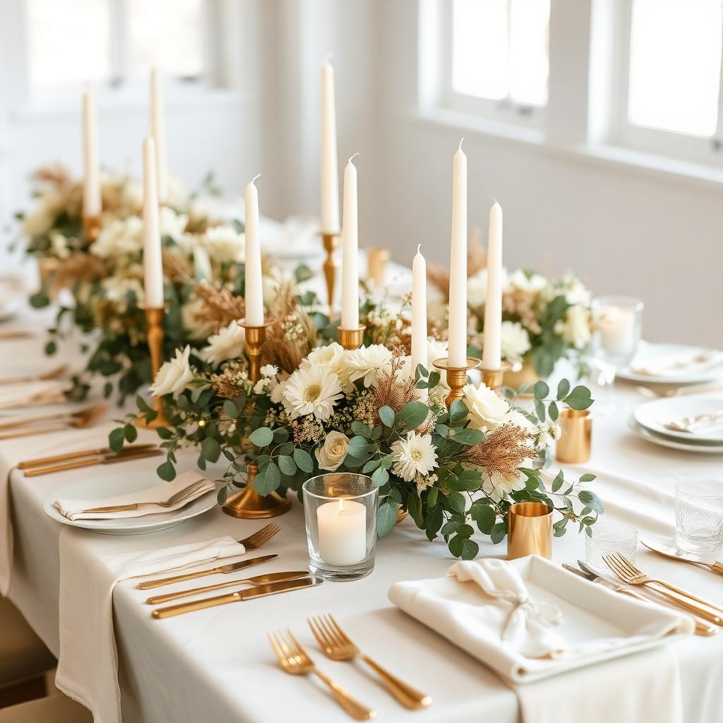 Festlich gedeckte Hochzeitstafel mit Kerzen und Blumen