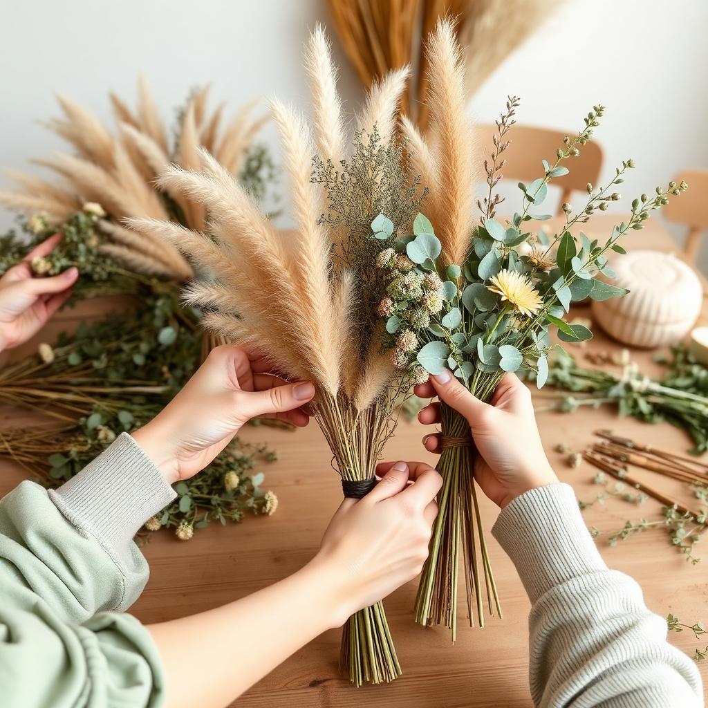 Workshop: Trockenblumensträuße werden gebunden