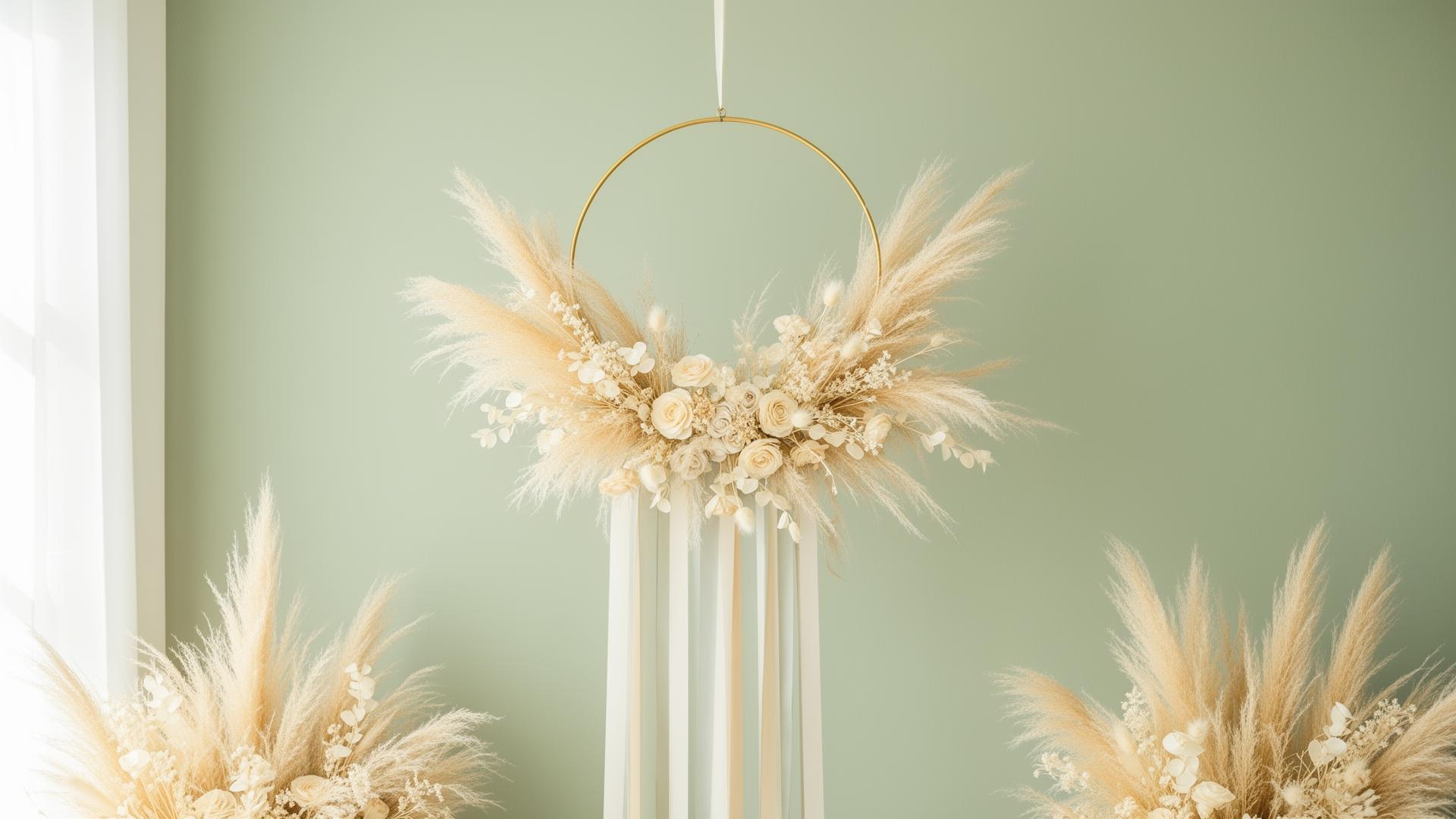 Pampasgras-Kranz mit Trockenblumen für Hochzeitsdekoration